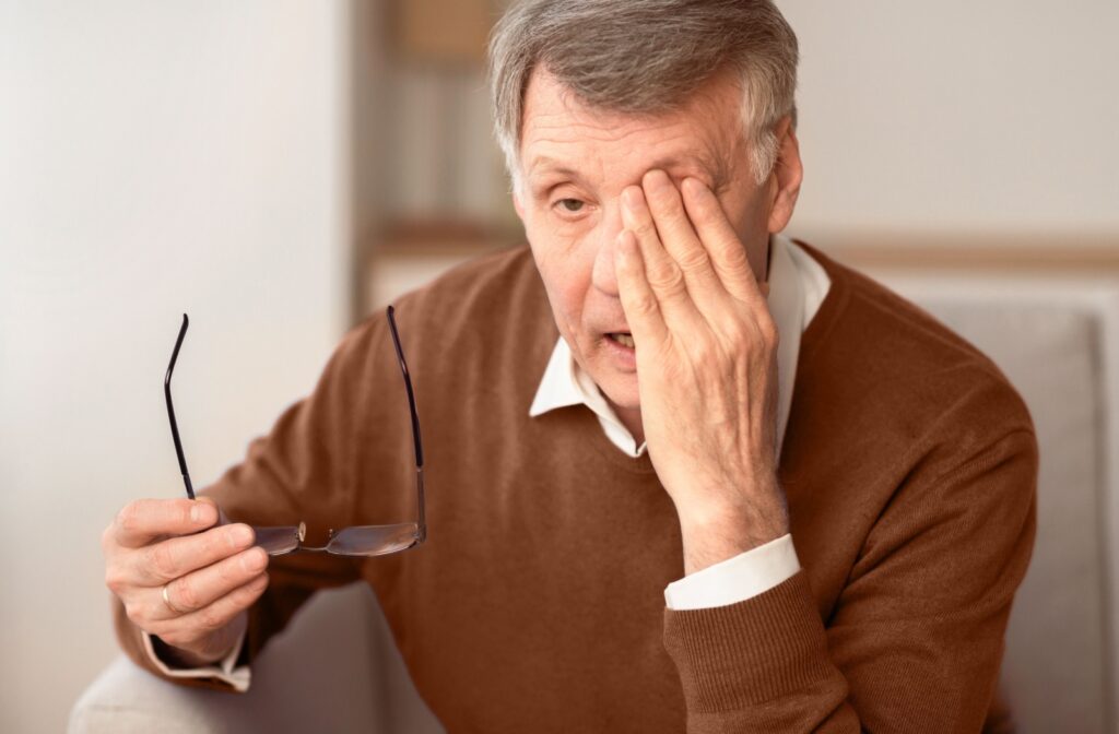 A person with glaucoma rubbing their eyes because they're experiencing blurry vision.