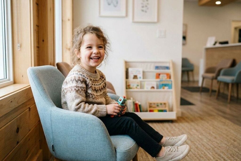 Child sitting in a blue chair in a clinic waiting room, smiling and holding a small toy, with a bookshelf of children's books nearby.