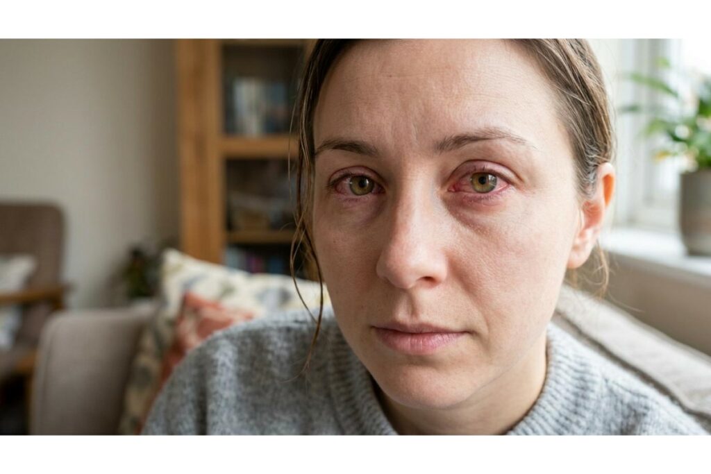 A close-up, front-facing portrait of a woman showing clear signs of red, irritated eyes, typically associated with conditions like conjunctivitis, dry eye syndrome, or ocular allergies. Her expression is somber, and the background shows a blurred interior of a home, emphasizing the need for professional optometric evaluation.