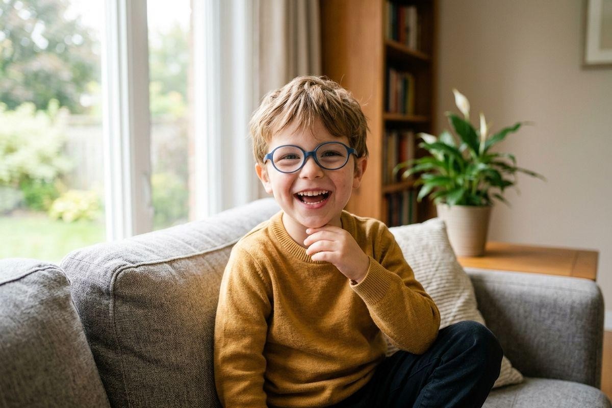 smiling-child-with-blue-round-glasses-and-a-yellow-sweater-sitting-on-a-grey-sof Smiling child with blue round glasses and a yellow sweater sitting on a grey sofa indoors, hand resting on chin.