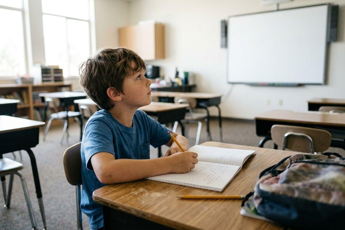 Child sitting at a desk in an empty classroom, holding a pencil over an open notebook, looking up toward a whiteboard.