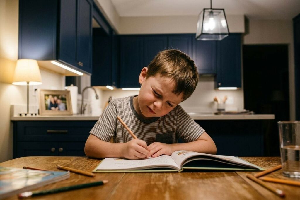 Child writing in an open book with a pencil at a kitchen table, focused expression, pencils scattered nearby, evening lighting.