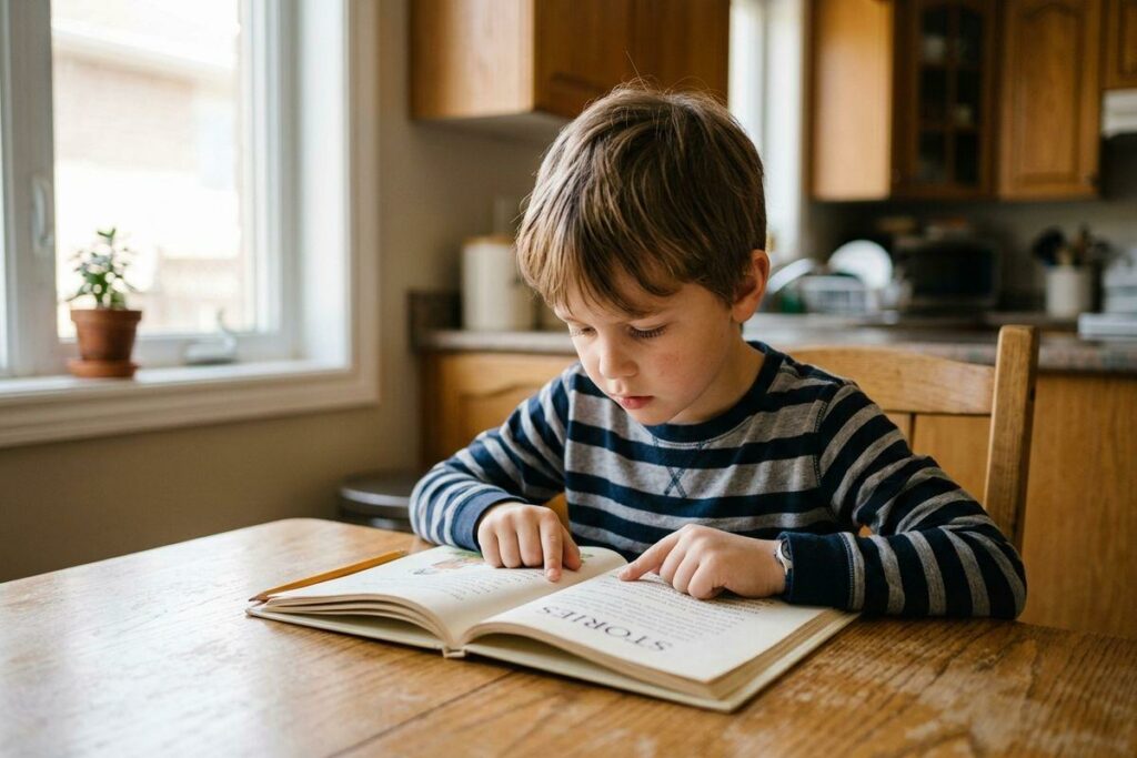 Child in a striped shirt reading a book at a wooden kitchen table, pointing at the page.