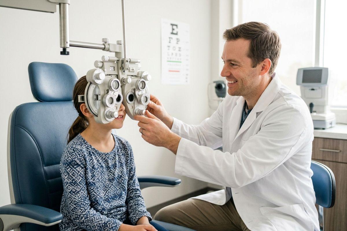 Optometrist adjusts a phoropter for a smiling child during an eye exam, with an eye chart on the wall.