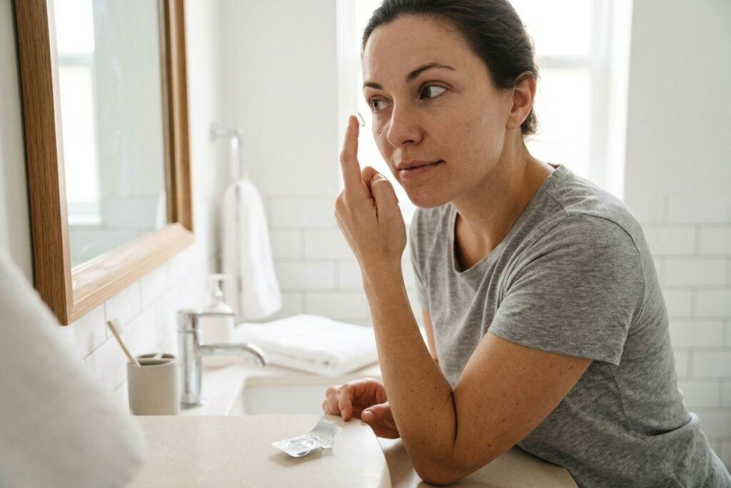 Person holding a contact lens on a fingertip, looking into a bathroom mirror before applying it.