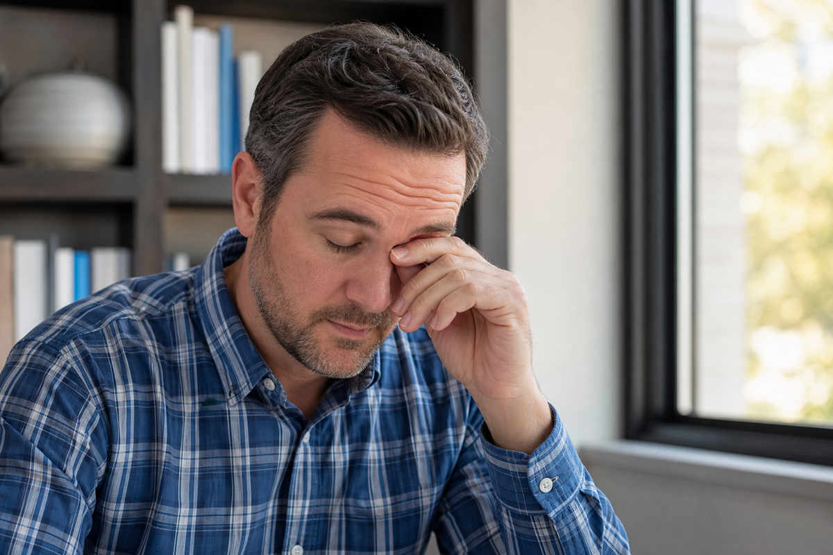 Person in blue plaid shirt rubbing eye with eyes closed, seated indoors near a window and bookshelf.