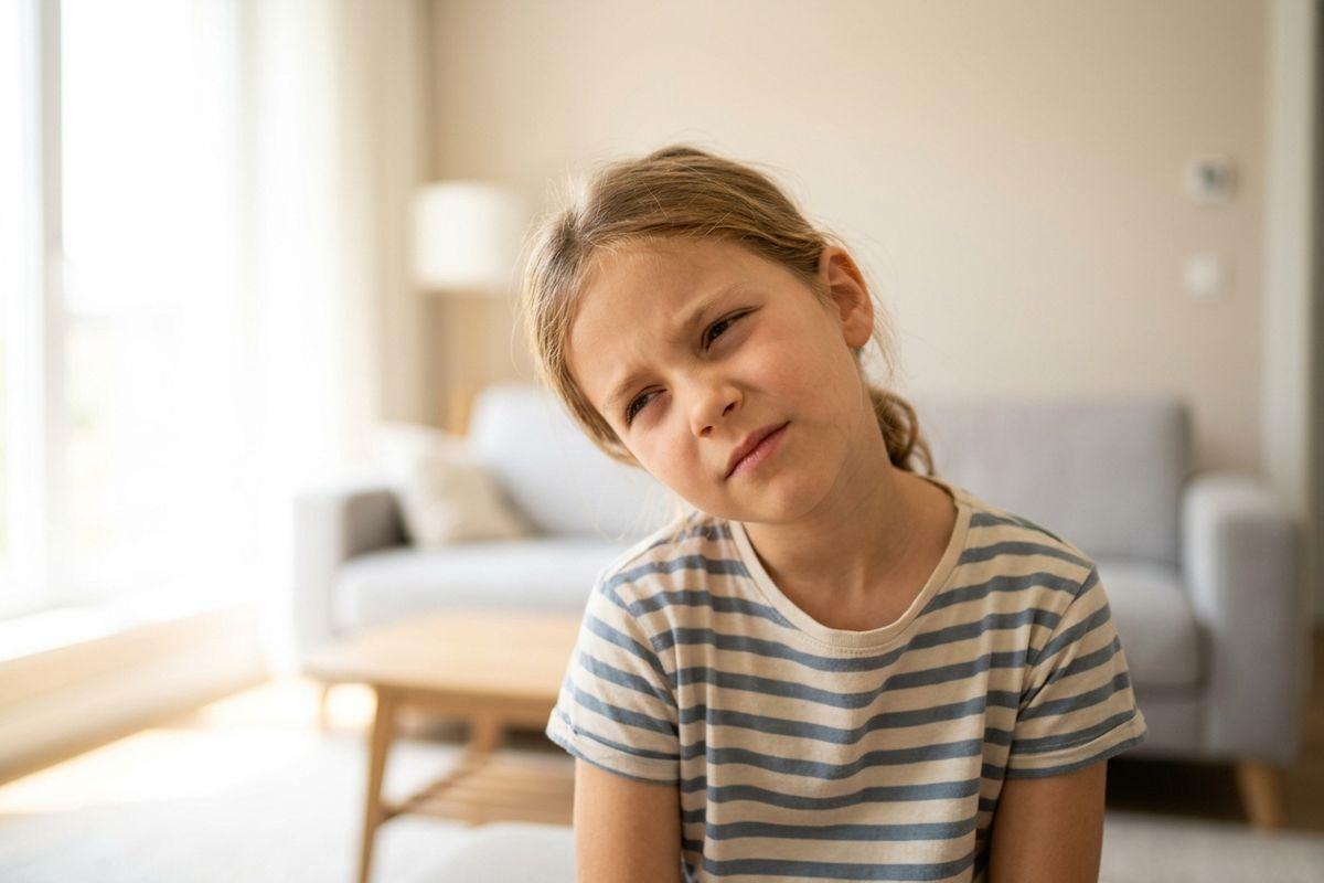 Child in a striped shirt squinting and frowning in a living room with a sofa.