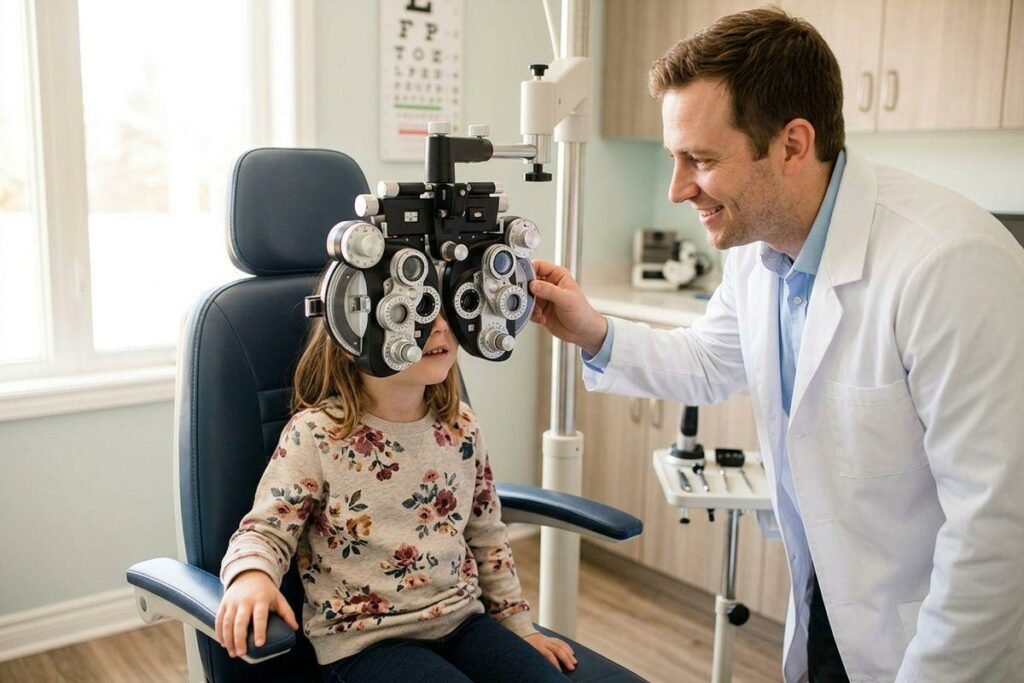 Optometrist smiling while adjusting a phoropter for a child seated in an exam chair, eye chart on wall behind.