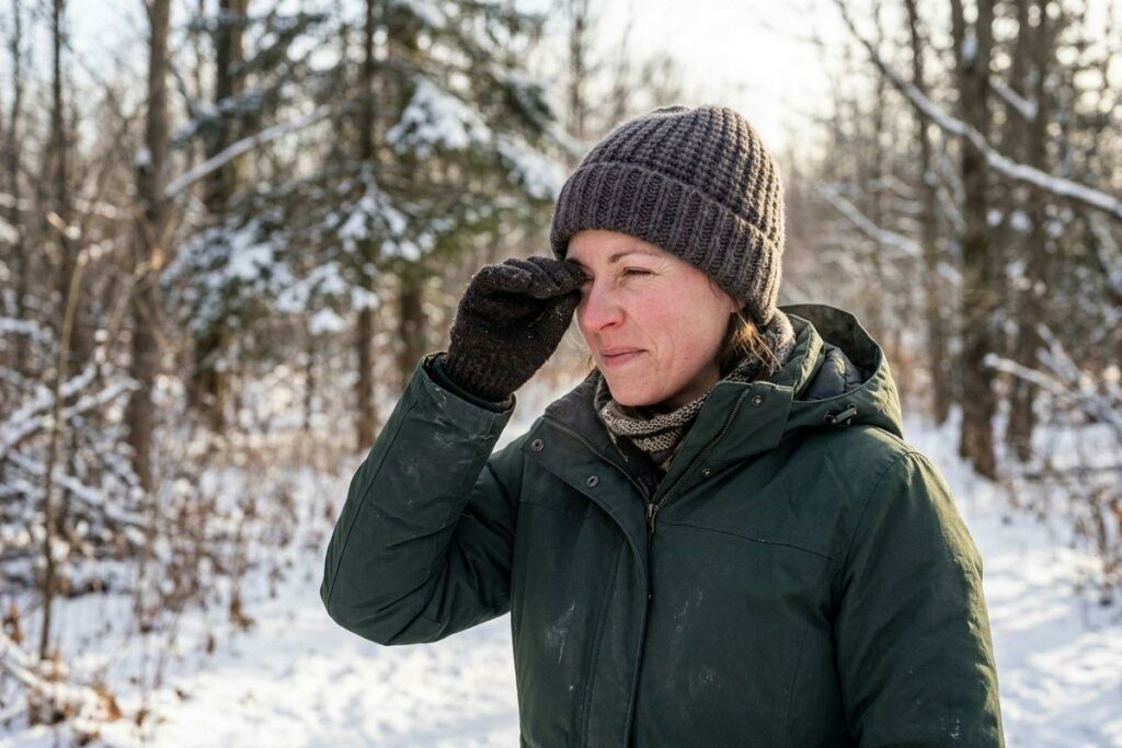 Person in gray beanie and green coat rubbing eye with gloved hand in snowy forest.