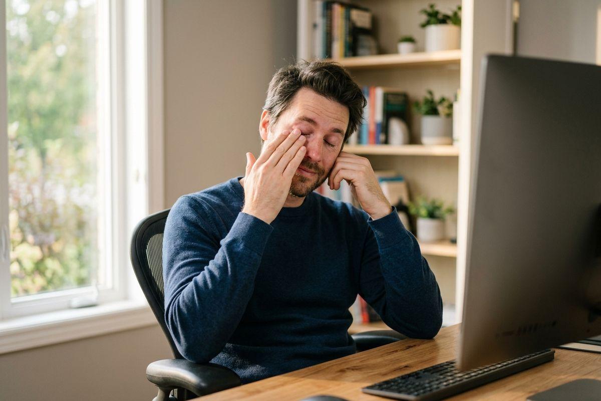 Person rubbing their eye while sitting at a desk with a computer monitor and keyboard in a home office.