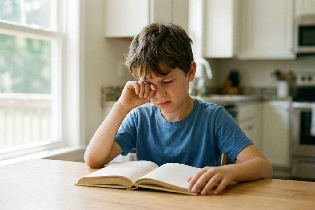 Child rubbing one eye while sitting at a kitchen table with an open book.