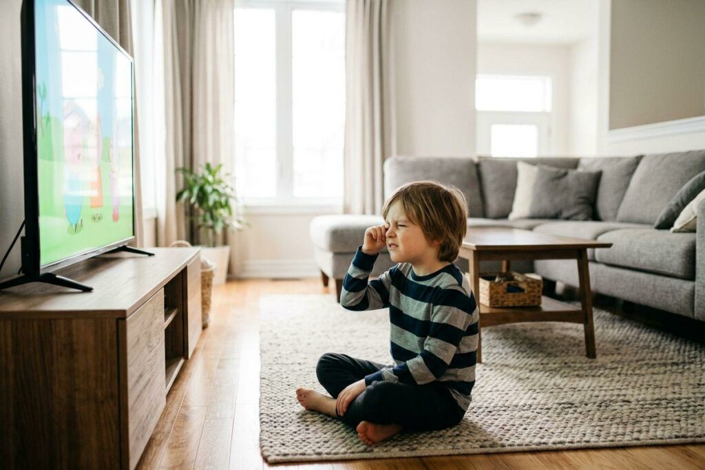 Child sitting cross-legged on a rug, rubbing one eye while watching a cartoon on a TV in a living room.