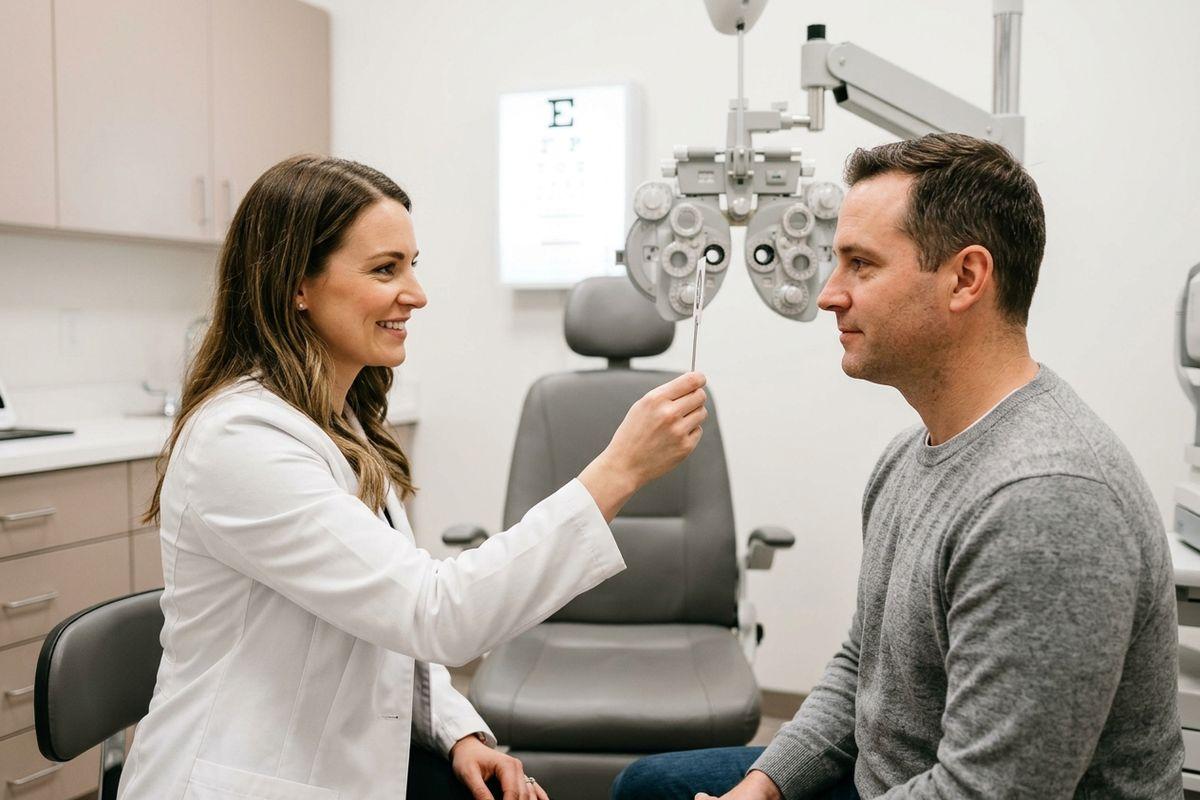 Optometrist smiling while examining a patient's vision with a phoropter in an eye exam room, eye chart on wall.